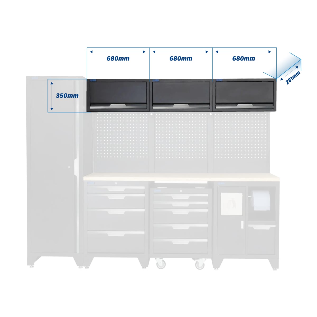 SGS 10pc Modular Garage Storage | 9 Drawers | Plywood Worktop | Tall Single Cabinet | Bin Unit | Mobile Cabinet | 3x Upper Cabinets
